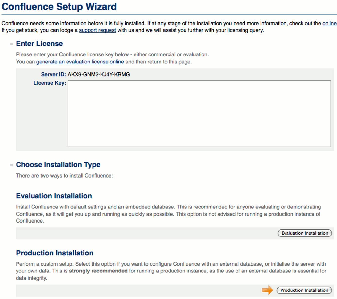 Confluence license input screen.