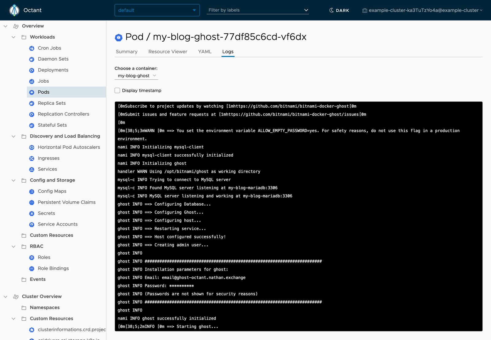 Octant Pod Detail View - Ghost front-end logs