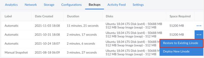 Click on the ellipsis menu icon to restore to an existing Linode