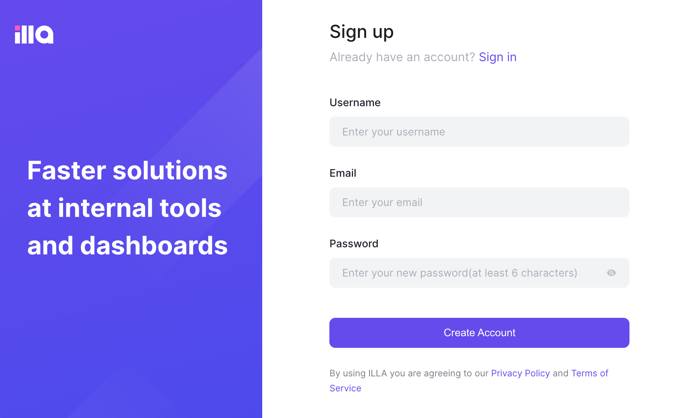 Screenshot of the ILLA Builder sign up page